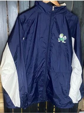 Genuine Stuff Notre Dame Fighting Irish Windbreaker Jacket XL blue white hooded